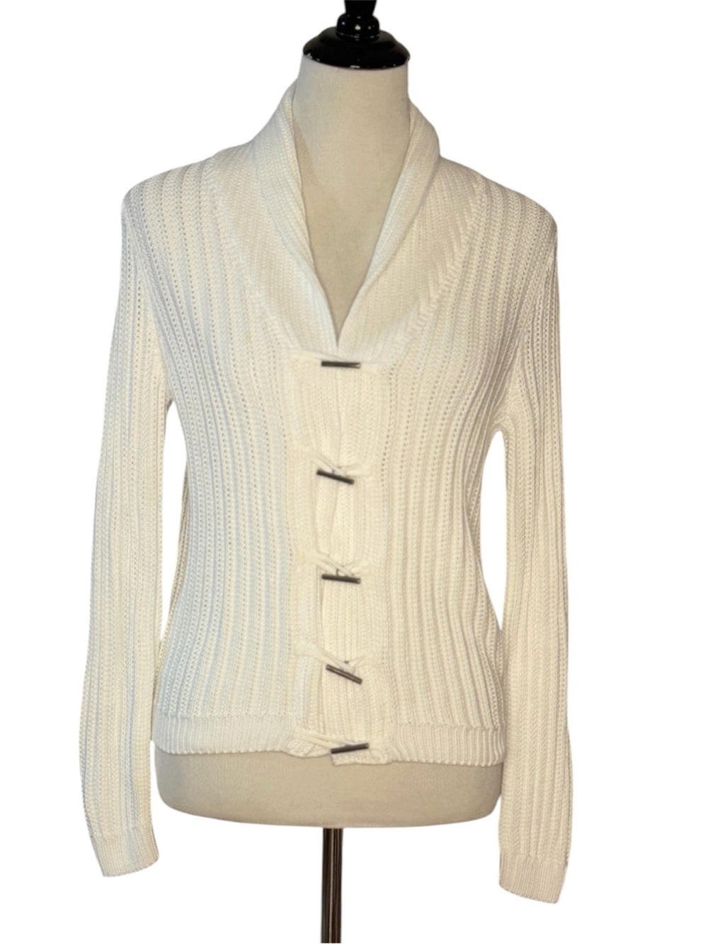 Talbots Petites Medium White Ribbed Knit Cardigan Sweater Shawl Collar Toggle